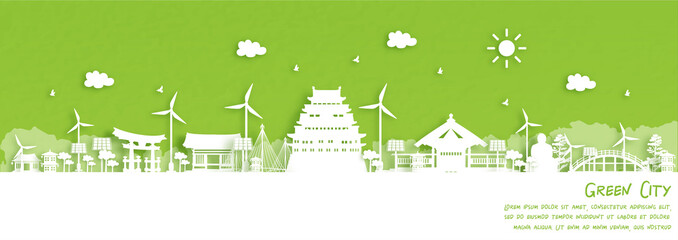 Green city of Nagoya, Japan. Environment and ecology concept. Vector illustration.