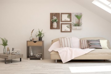 Naklejka premium Stylish room in white color with sofa. Scandinavian interior design. 3D illustration