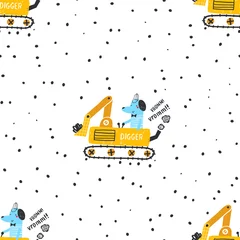 Wallpaper murals Animals in transport Vector seamless pattern with dog digger. Work zone. Creative vector childish background for fabric, textile, nursery wallpaper. - Vector