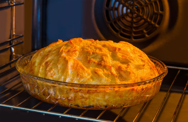 Turkish style meat and cheese stuffed filo dough borek in to oven