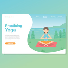 Landing Page Woman Practicing Yoga Outdoor Vector Illustration