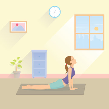 Woman yoga pose indoor vector illustration