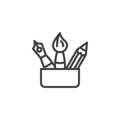 Drawing tools in holder line icon. linear style sign for mobile concept and web design. Paint brush with pencil and fountain pen outline vector icon. Symbol, logo illustration. Vector graphics