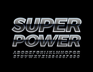 Vector Bright Sign Super Power. Black and Silver Font. Metallic Alphabet Letters and  Numbers.