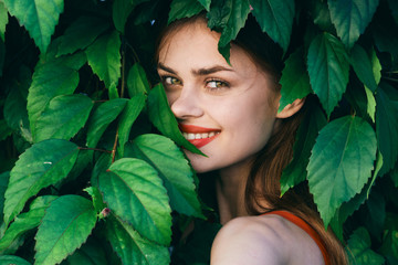 beautiful woman green leaves nature rest