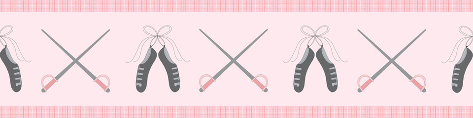 Vector border seamless repeat pattern of Scottish Highland dancing girl shoes and swords in pink and grey.
