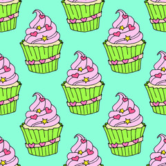 Vector seamless pattern with cute cupcake with hearts and stars decorations. Colorful image on blue background. For Greeting cards, Scrapbooking, Textile, Wrapping paper, Invitations.
