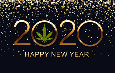 2020 Happy New Year background with marijuana leaf. Happy New Year Card. Vector illustration.