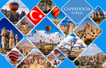 Cappadocia landmark collage. Flying air ballons, Love and Rose valley, Fairy Chimneys, Rock Churches, Pashabag.
