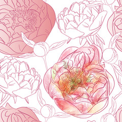 Seamless pattern of pink watercolor peony flowers