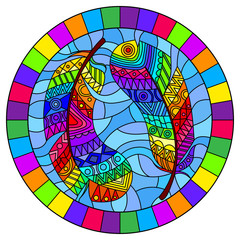 Illustration in stained glass style with bright patterned rainbow feathers on a blue sky background, round image in bright frame