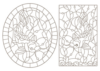 Set contour illustrations of stained glass with carp koi fishes, dark outlines on white background