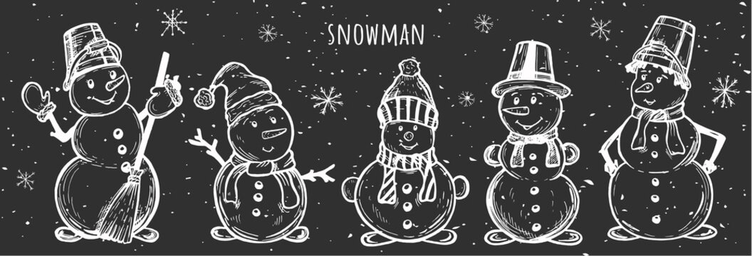 snowman with a broom. snowman in Santa Claus hat and with an iron bucket on his head vector graphics. sketch. Freehand drawing.eps