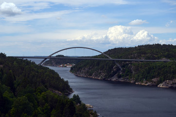 Typical Swedish nature and houses on the shore of the fjord. View from the high bridge over the fjord. The border of Norway and Sweden.Near the town Selater,Sweden
