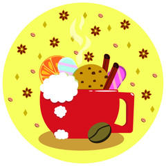 Sweet and spicy hot chocolate or coffee in red cup. Cute and fun vector illustration.