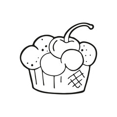 Single hand drawn cupcake with cherry. In doodle style, black outline isolated on a white background. Cute element for card, social media banner, stickers. Vector illustration