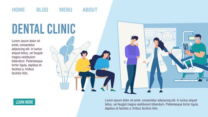 Flat Landing Page Advertising Visit to Dental Clinic. Woman Assistant Welcoming Patient with Toothache to Doctor Cabinet. Dentistry Tooth Care. Treatment and Prosthetics. Vector Cartoon Illustration