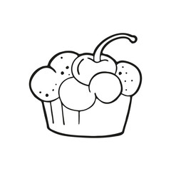 Single hand drawn cupcake with cherry. In doodle style, black outline isolated on a white background. Cute element for card, social media banner, stickers. Vector illustration