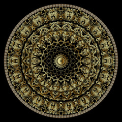 Round textured gold 3d greek mandala pattern. Vector arabesque black and gold background. Grunge vintage flowers. Ornamental surface texture. Elegance lace greek key meanders ornament. Circle frame