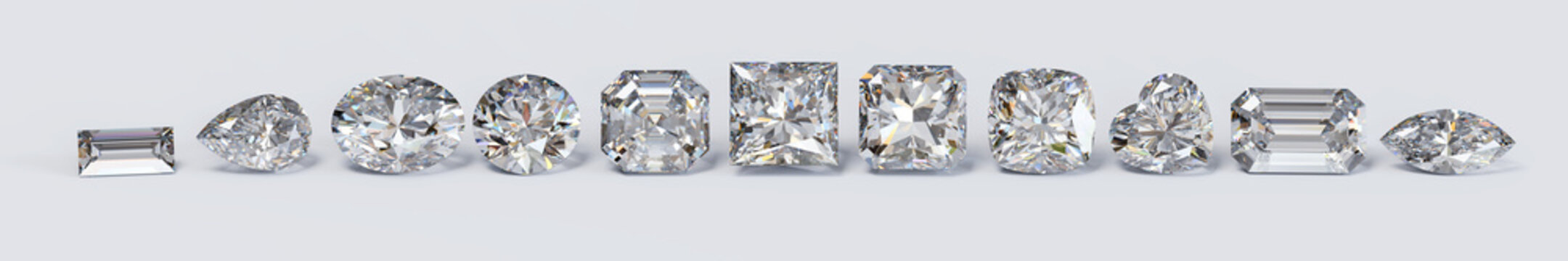 The most popular diamond cut styles in line on white background. Wide image