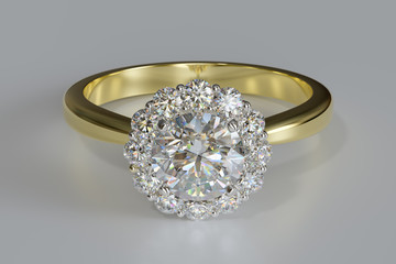 Halo set diamond engagement ring on white background