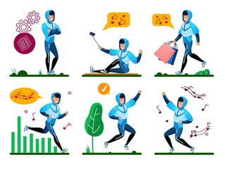 Modern Teenager, Young Man Active Lifestyle Situations Trendy Flat Vectors Set. Guy in Tracksuit Pondering Decision, Going on Shopping, Dancing, Listening Music and Jogging Outdoors Illustrations