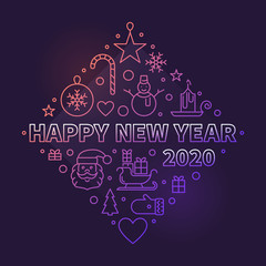 Happy New Year 2020 concept thin line vector colored illustration on dark background