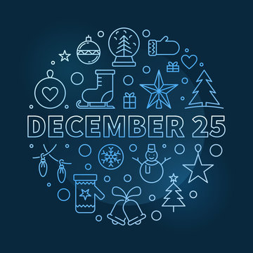 December 25 round outline vector blue illustration. Merry Christmas concept on dark background