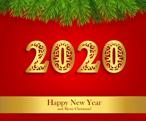 Red horizontal background decorated with green spruce branches, gold carved paper pattern date 2020 and ribbon with lettering Happy New Year Merry Christmas. Vector illustration