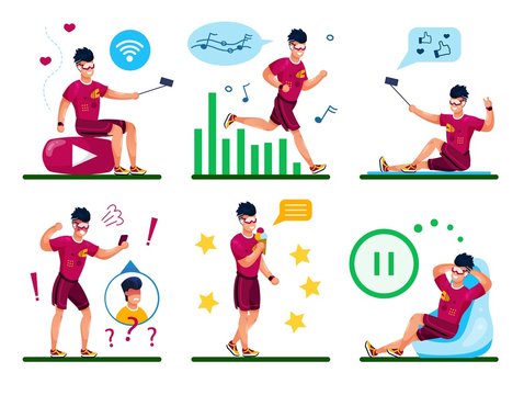 Young Man Active Lifestyle Daily Routines Trendy Flat Vector Concepts Set. Guy Listen Music While Jogging, Posting Photos, Videos Online, Arguing on Phone, Relaxing and Eating Ice-Cream Illustration