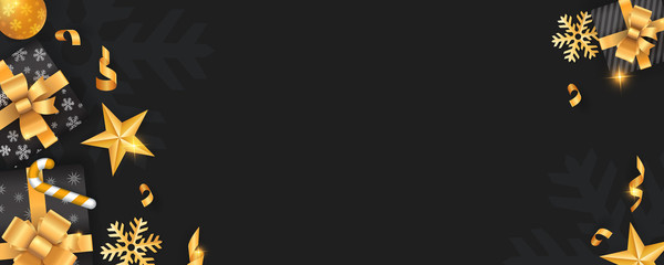 Merry Christmas and Happy New Year black banner background template with golden glitter elements	