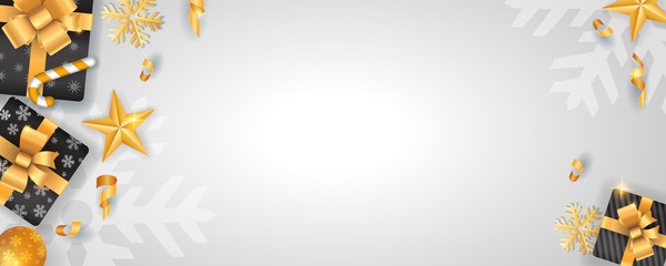 Merry Christmas and Happy New Year white banner background template with golden glitter elements	