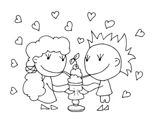 Coloring book for kids - smiling boy and girl hold delicious dessert together on a background of hearts.  Valentines day. 14 February. Black and white cute cartoon hand drawing kids. Vector illustrati