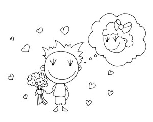 Coloring book for kids - smiling boy standing with a bouquet in his hands on a background of hearts. Be my Valentine. Valentines day. 14 February. Black and white cute cartoon hand drawing kids. Vecto