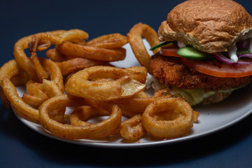 Onion rings and burger