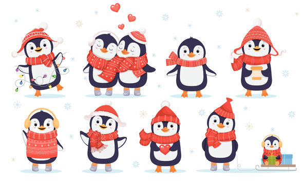 Set of cute penguins. Christmas character.Cartoon illustration