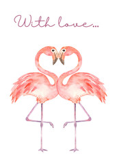 Watercolor card heart shaped flamingos