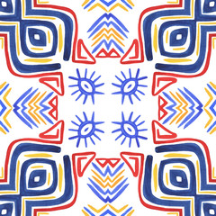 Embroidery in the traditions of Peru, Aztecs and Maya. Geometric folk ornament fabric.  Colorful seamless pattern in Spanish, Mexican, African,  American Indian rug. Tribal embroidery. Old carpet.