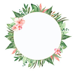 Fototapeta na wymiar Watercolor round frame with tropical leaves and flowers