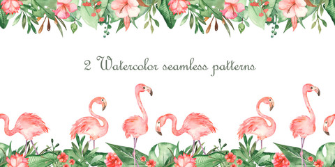 Watercolor seamless borders with flamingo and tropical plants © MarinaErmakova