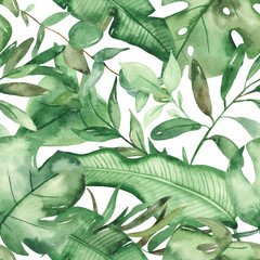 Fototapeta na wymiar Watercolor seamless pattern green tropical leaves