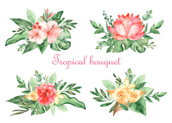 Watercolor set with compositions of tropical flowers and leaves