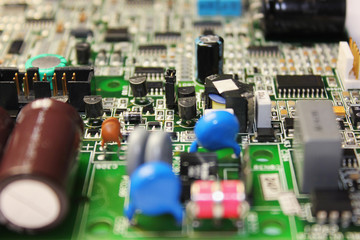 Closeup of electronic circuit board or PCB printed circuit board