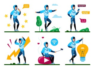 Young Man Daily Routine, Active Lifestyle Trendy Flat Vector Concepts, Life Situations Set. Male Teenager, Guy Chatting in Social Networks, Eating Sweets, Filling Stress, Generating Ideas Illustration