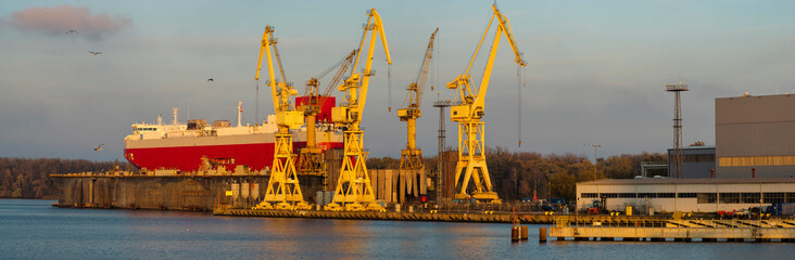 KESS car ferry repaired in a dry dock at the Szczecin shipyard.Panorama.Szczecin, Poland-November...