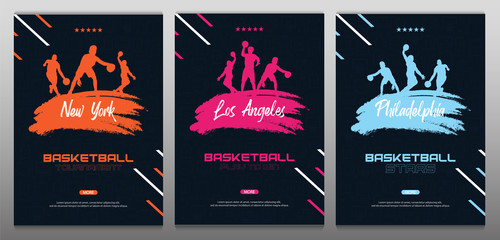 Set of Basketball banners with players and hand draw doodle background. Modern sports posters design.