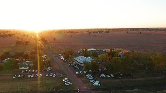 Hotel Armatree, NSW, Australia Aerial at Dusk. Beautiful country town sunset during drought
