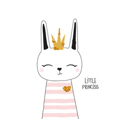 Cute bunny princess with gold crown. Kids trendy graphic. Vector hand drawn illustration. © bilaaa