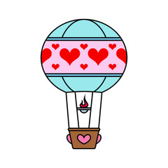 Lovely hot air balloon (aeronautics) with a heart pattern on in and heart pillows at the sides of the basket. Romantic icon for printing on valentines card and greeting card. Vector image