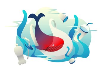 Obraz premium Stop ocean plastic pollution. Dead red whale. Protest against plastic trash. Use for environmental and social poster. Plastic waste. Vector stock isolated illustration.